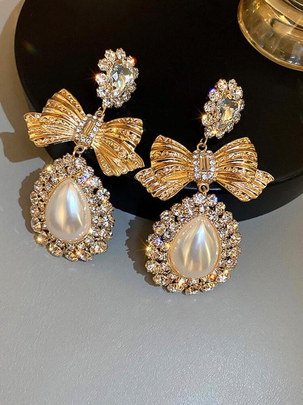 925 Silver Needle Pearl Diamond Bow Earrings