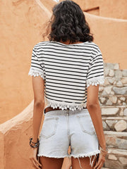 Women's Stripe Stitched Lace Short Sleeve T-shirt