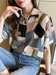 Women's Geometric Chiffon Short Sleeved Shirt