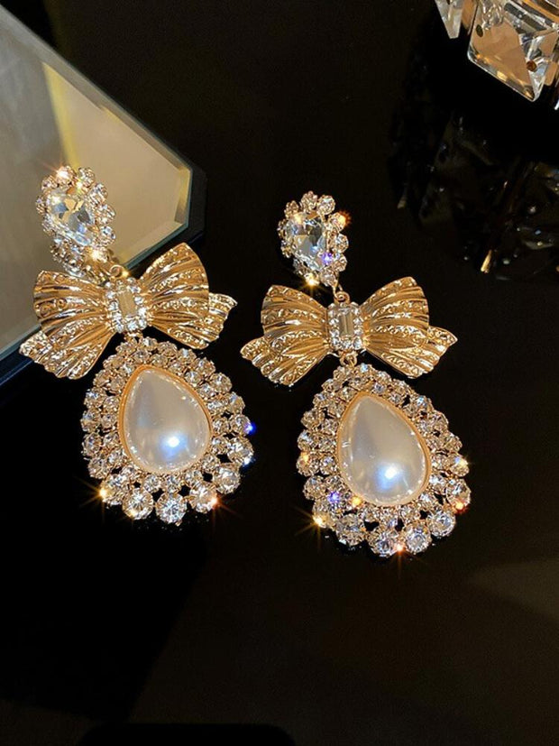 925 Silver Needle Pearl Diamond Bow Earrings