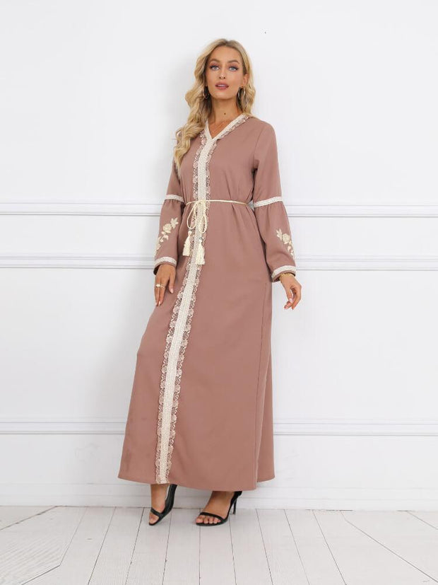 Solid Color Waist Embossed Muslim Jalabiya Dress