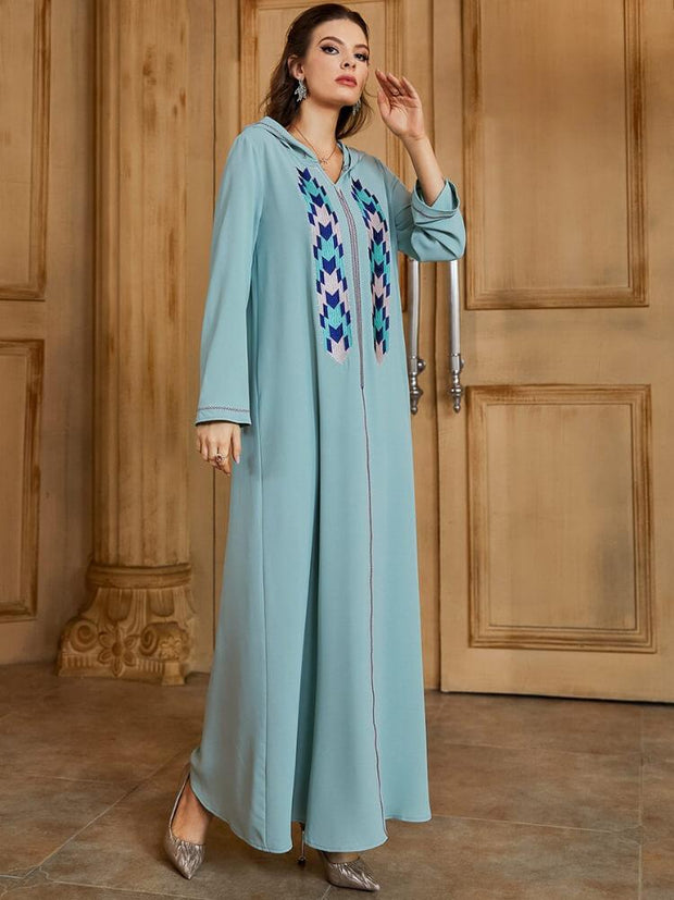 Women's Geometric Embroidery Hoodie Abaya Dress