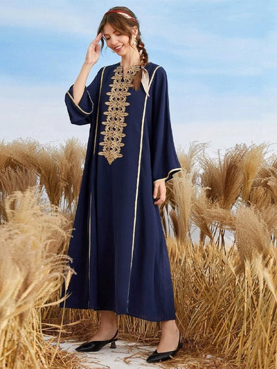 Embroidered Half Open Neck Long Sleeve Dress