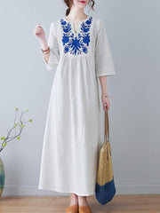 V-Neck Cotton Linen Embroidered Dress