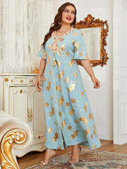 Women's Plus Size Gold Print Embroidered Tassel Short Sleeve Jalabiya Dress