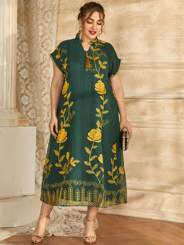 Women's Plus Size Floral Embroidered Beaded Jalabiya Dress