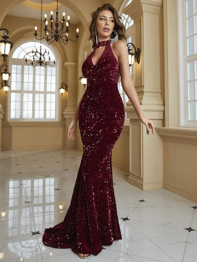 V-neck Halter Sequin Evening Dress