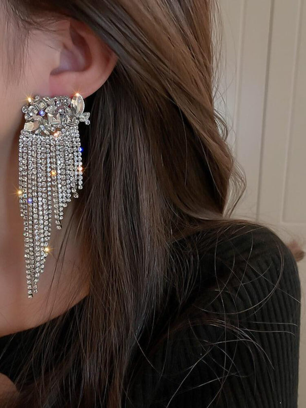 Diamond Studded Flower Tassel Earrings