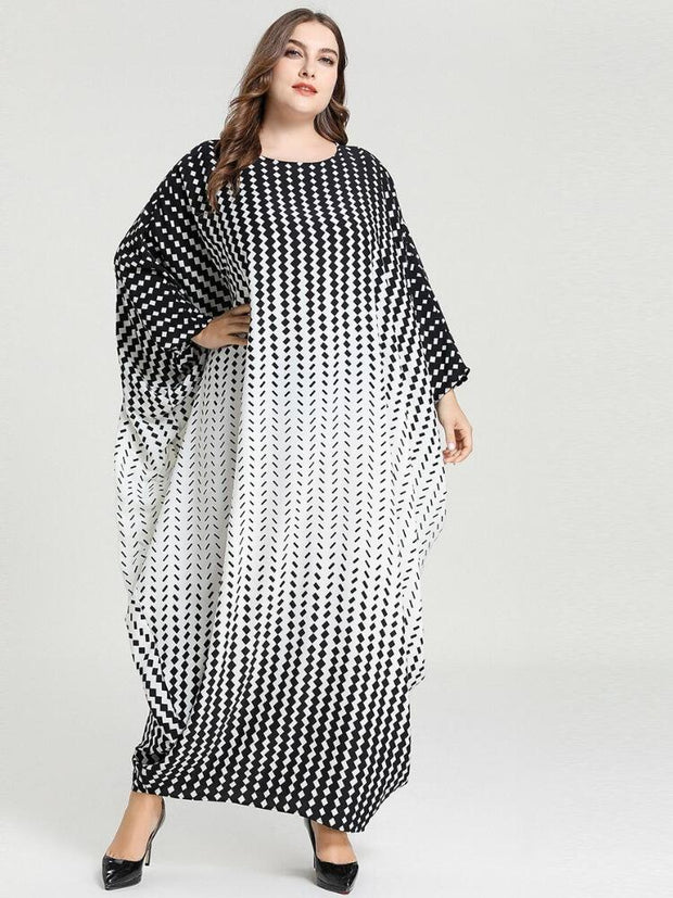 Women's Rhombic Printing Bat Sleeve Kaftan Dress