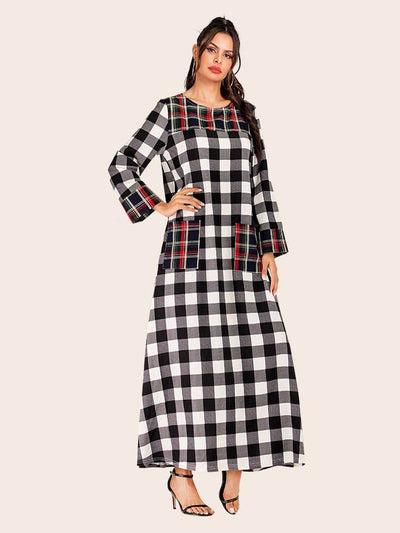 Round Neck Plaid Long Sleeve Dress