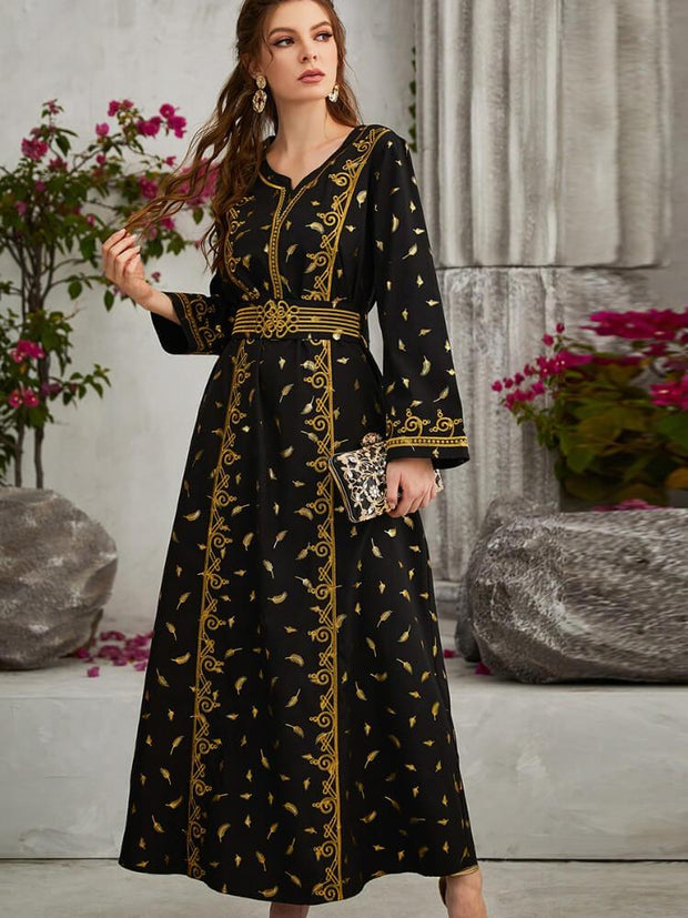 Embroidery Lace Up Gilt Printing Long Sleeved Dress