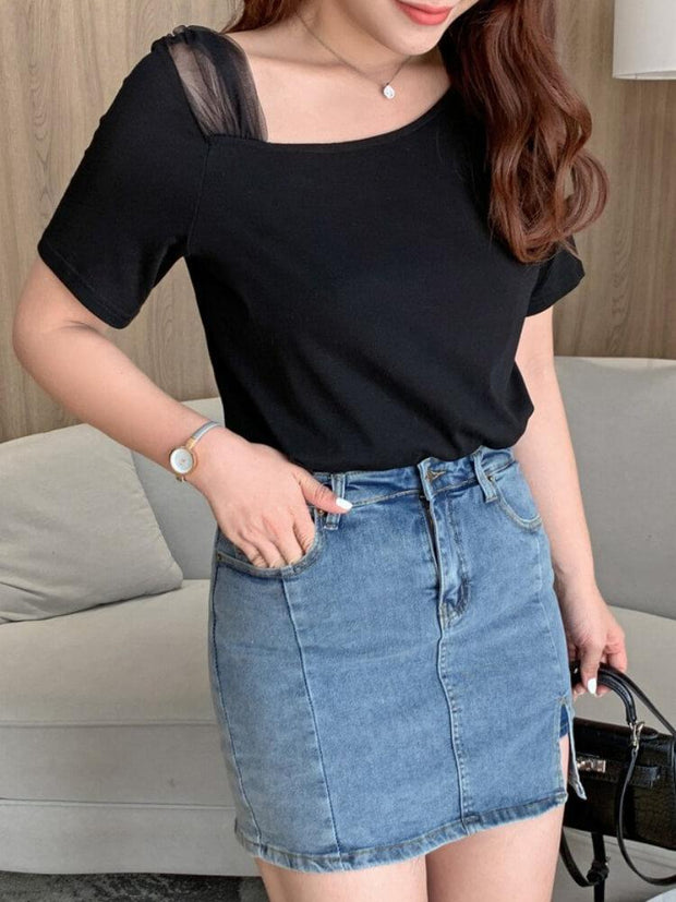 Women's Plus Size Diagonal Collar T-shirt