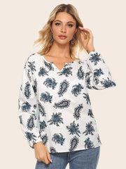 Printed Half Open Neck T-shirt Long Sleeve Top