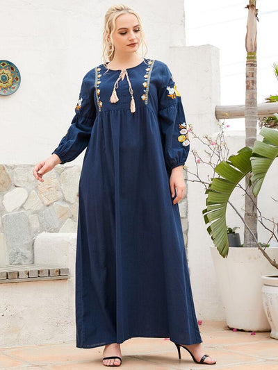 Embroidered Cotton Linen Long Sleeved Dress