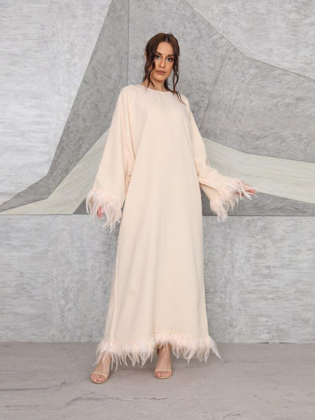 Feather Long Sleeve Round Neck Jalabiya Dress