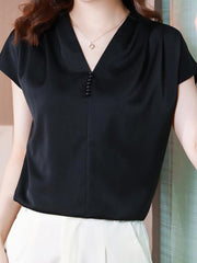 V-neck Short Sleeve Solid Color Blouse