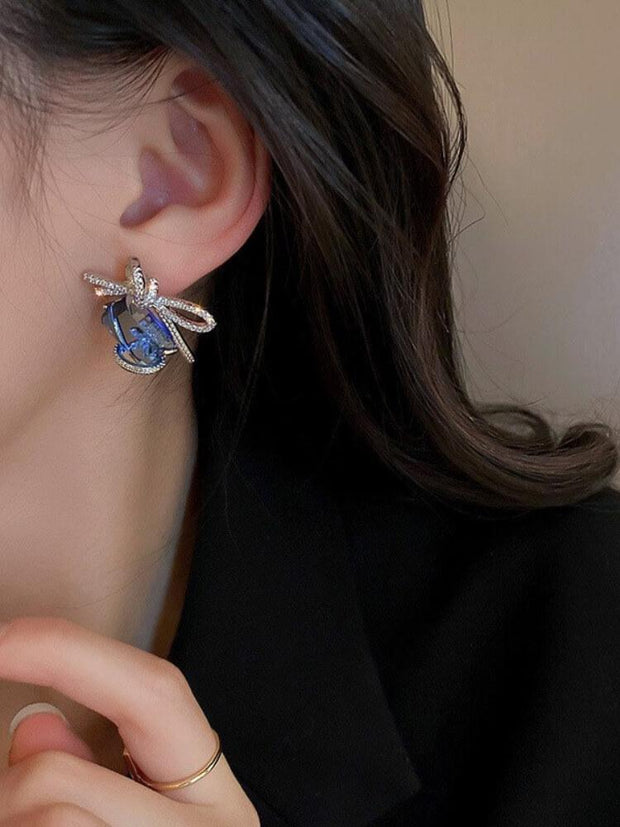 Silver Needle Zircon Bow Ear Needle