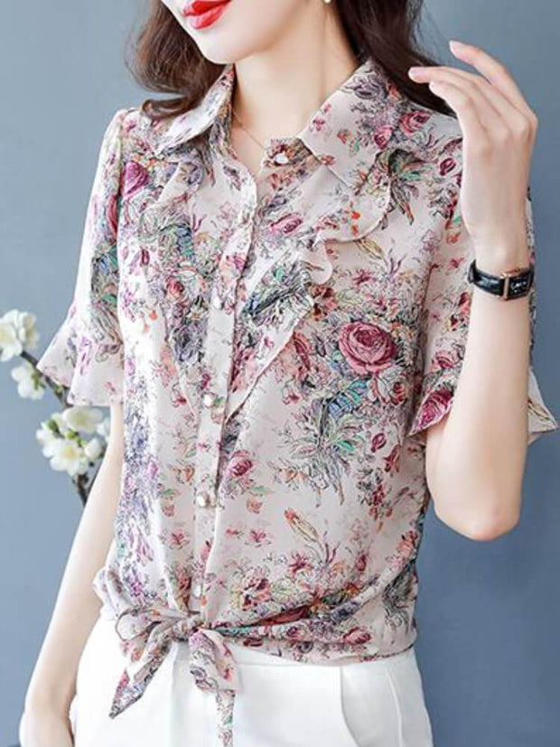 Women's Ruffled Floral Sleeve Chiffon Shirt