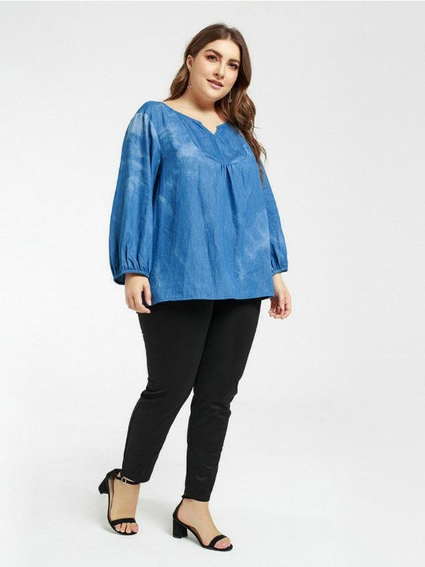 V-neck Bubble Sleeve Denim Tie Dyed Top
