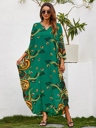 V-Neck Loose Print Kaftan Dress