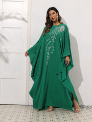 Loose Embroidered Bat Sleeve Round Neck Long Gown