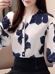 Women's Lantern Sleeve Floral Chiffon Shirt