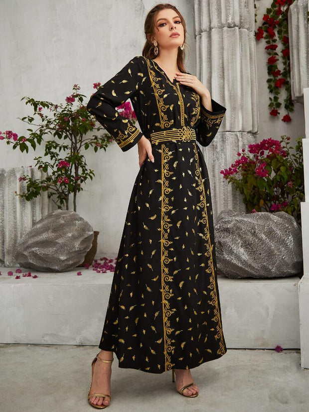 Embroidery Lace Up Gilt Printing Long Sleeved Dress