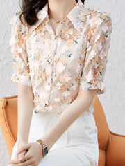 Lapel Solid Floral Print Shirt