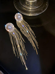 925 Silver Needle Pearl Inlaid Diamond Tassel Earrings