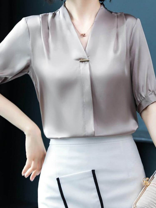 V-neck Plain Shirt Short Sleeves