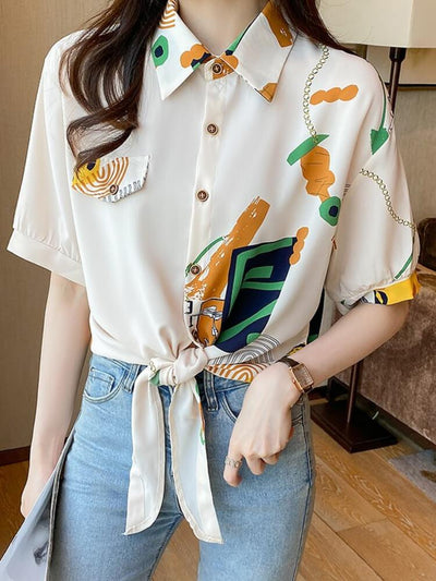 Women's Printed Chiffon Top Short Sleeved Shirt
