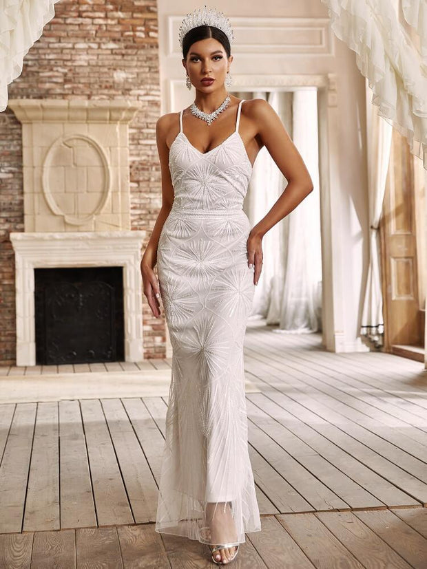 Elegant Suspender Jacquard Beaded Evening Dress