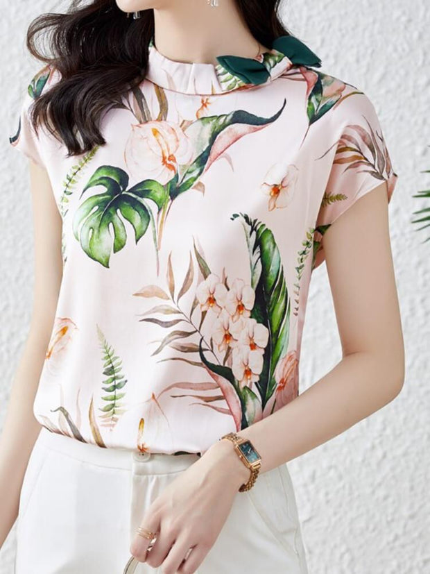 Bow Tie Shirt Short Sleeve Printed Blouse