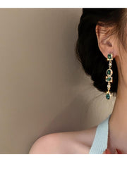 925 Silver Needle Geometric Diamond Inlaid Green Earrings