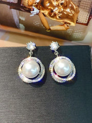 925 Silver Needle Diamond Pearl Earrings