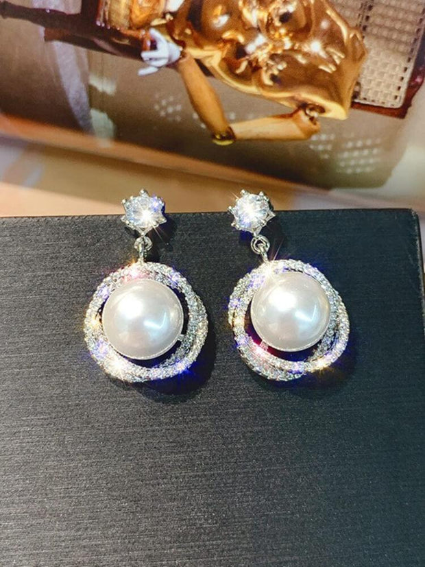 925 Silver Needle Diamond Pearl Earrings