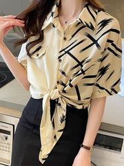 Women's Plaid Stitched Short Sleeve Chiffon Shirt