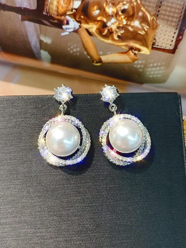 925 Silver Needle Diamond Pearl Earrings
