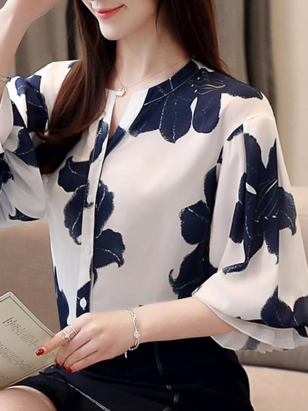 Women's Lantern Sleeve Floral Chiffon Shirt