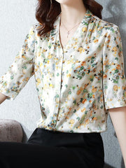 Lapel Floral Medium Sleeve Shirt