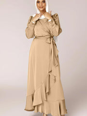 Women's Solid Color Irregular Ruffle Lace Up Long Dress