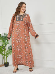 Women's Round Neck Long Sleeve Embroidered Printed Dress