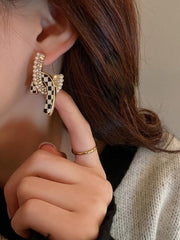 925 Silver Needle Diamond Pearl Checkerboard Earrings