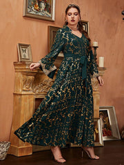 Elegant Plus Size Gold Print V-neck Lace Evening Dress