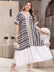 Women's Plus Size Lace Stripe Stitching Dress Jalabiya