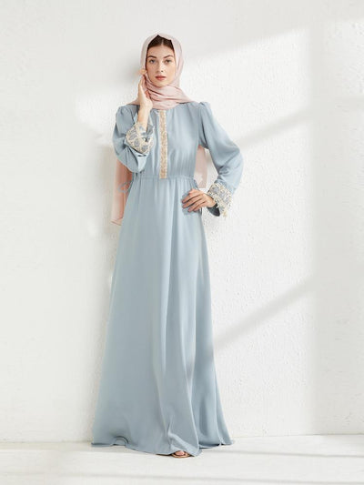 Waist Embroidered Muslim Chiffon Long Dress