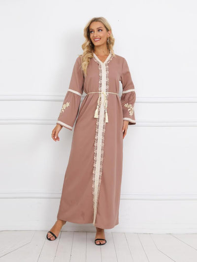 Solid Color Waist Embossed Muslim Jalabiya Dress