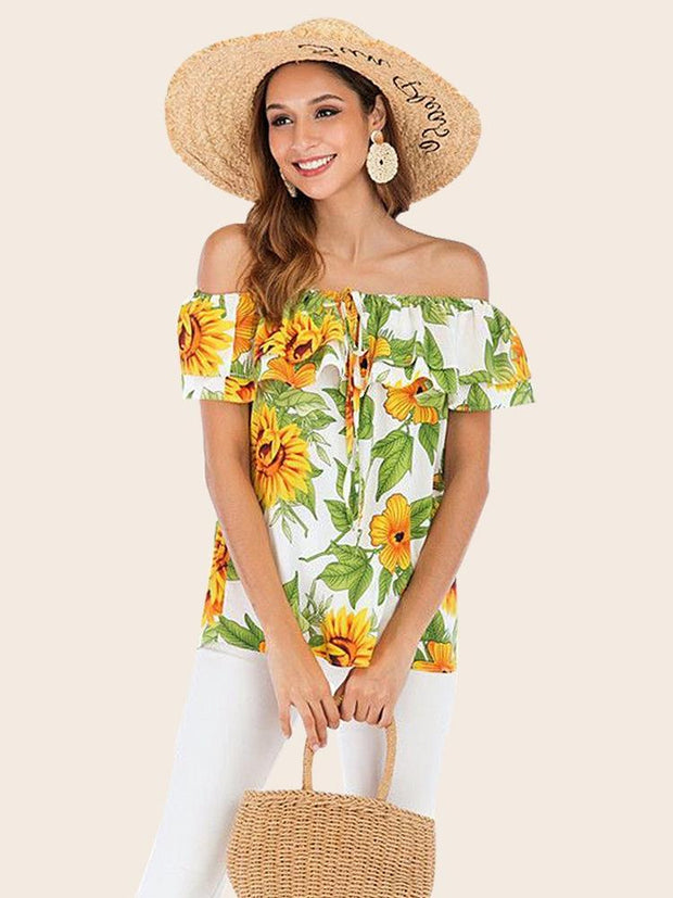 Off Shoulder Printed Short Sleeve Shirt