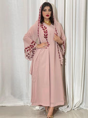 Chiffon Embroidered V-Neck Dress With Headscarf