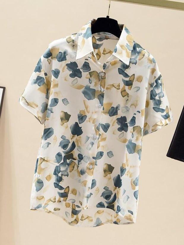 Chiffon Short Sleeve Flowered Shirt